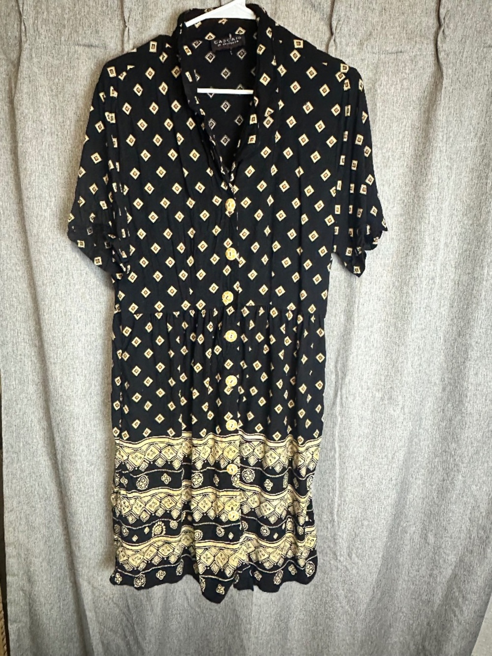 Vintage Cascais of California Black & Gold Geo Pattern Button Up Midi Dress